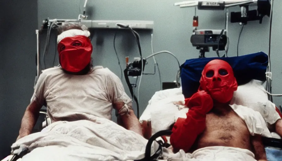 Prompt: 70s movie still of a man with red mask in hospital, eastmancolor, heavy grain, high quality, higly detailed, liminal space