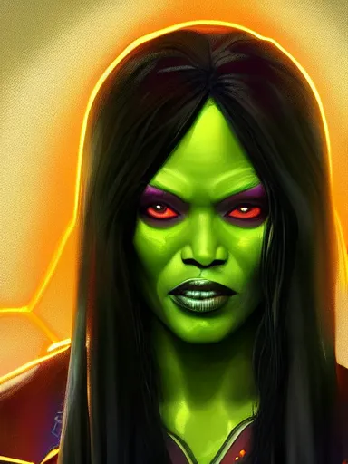 Prompt: gamora from guardians of the galaxy played by zoe saldana, portrait, digital painting, elegant, beautiful, highly detailed, artstation, concept art