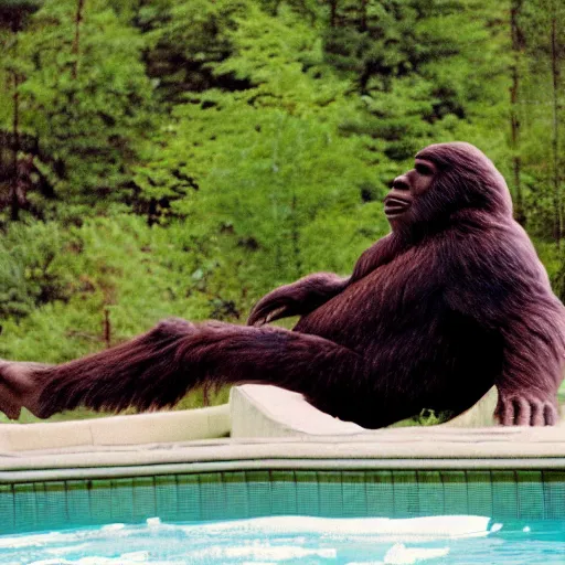 Prompt: bigfoot relaxing by the pool, surveillance camera still