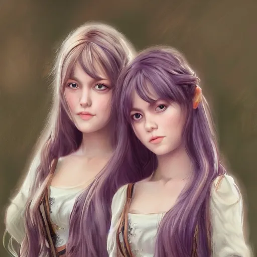 Image similar to a highly detailed portrait of sisters with purpure very very long hair, There are large snow-white peonies in the background, artstation, highly detailed, portrait, by ghilby