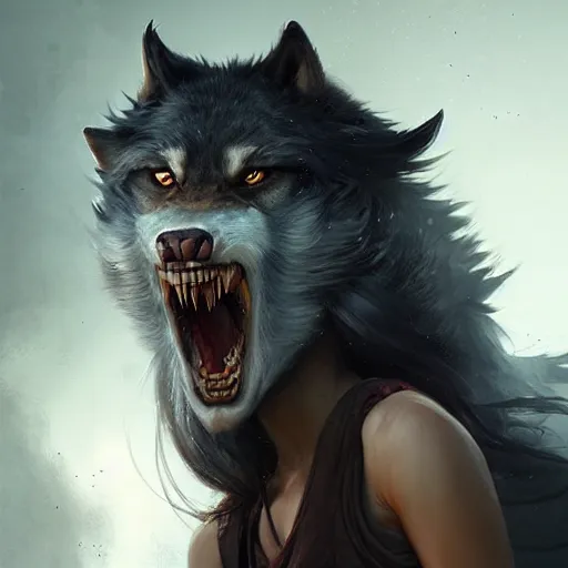 Prompt: very beautiful asian girl becoming a ferocious werewolf, large teeth, epic digital painting, art by greg rutkowski and raymond swanland, extreme detail