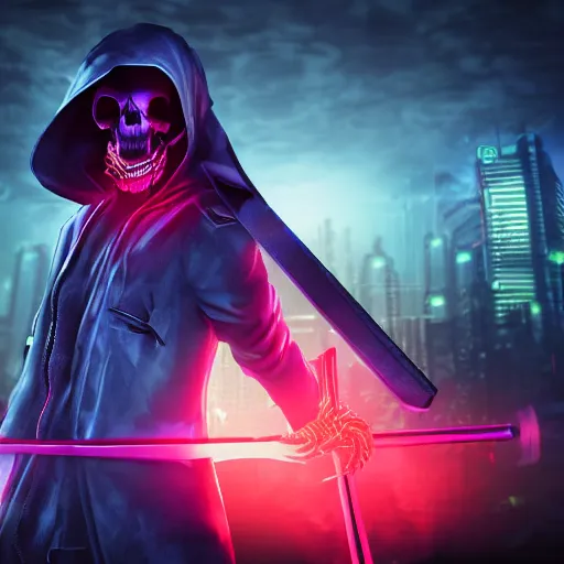 Prompt: hyper realistic neon grimm reaper holding a scythe, photorealistic cinematic render, octane render, cyberpunk graveyard with fog atmosphere