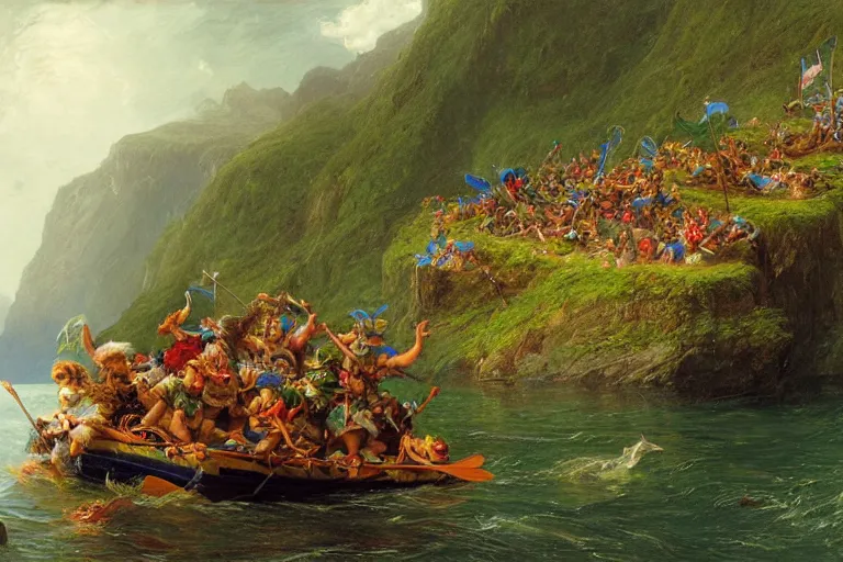 Prompt: a group of green goblins riding on a raft in a norwegian fjord by justin gerard by thomas cole