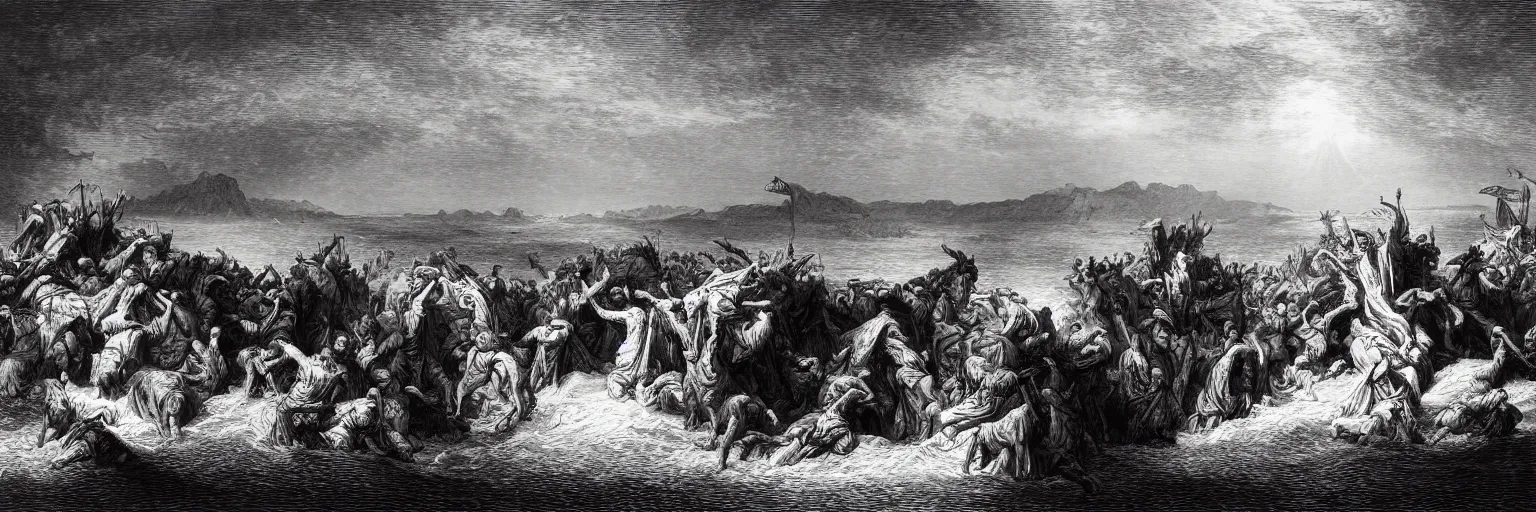 Prompt: the biblical crossing of the red sea, Gustave Dore lithography