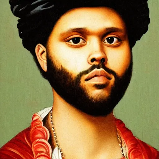 Image similar to a renaissance style portrait painting of the weeknd