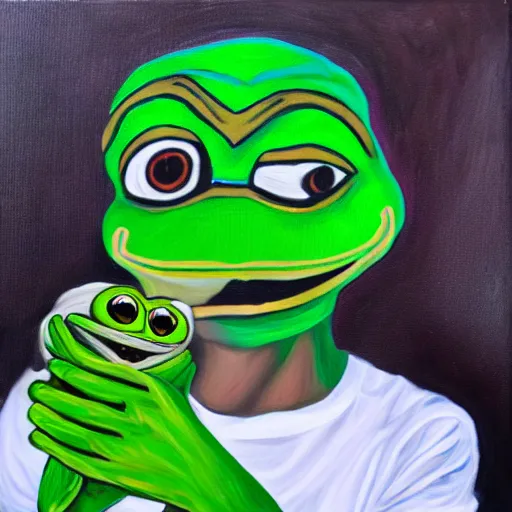 Image similar to Portrait of xQc with pepe the frog , oil painting