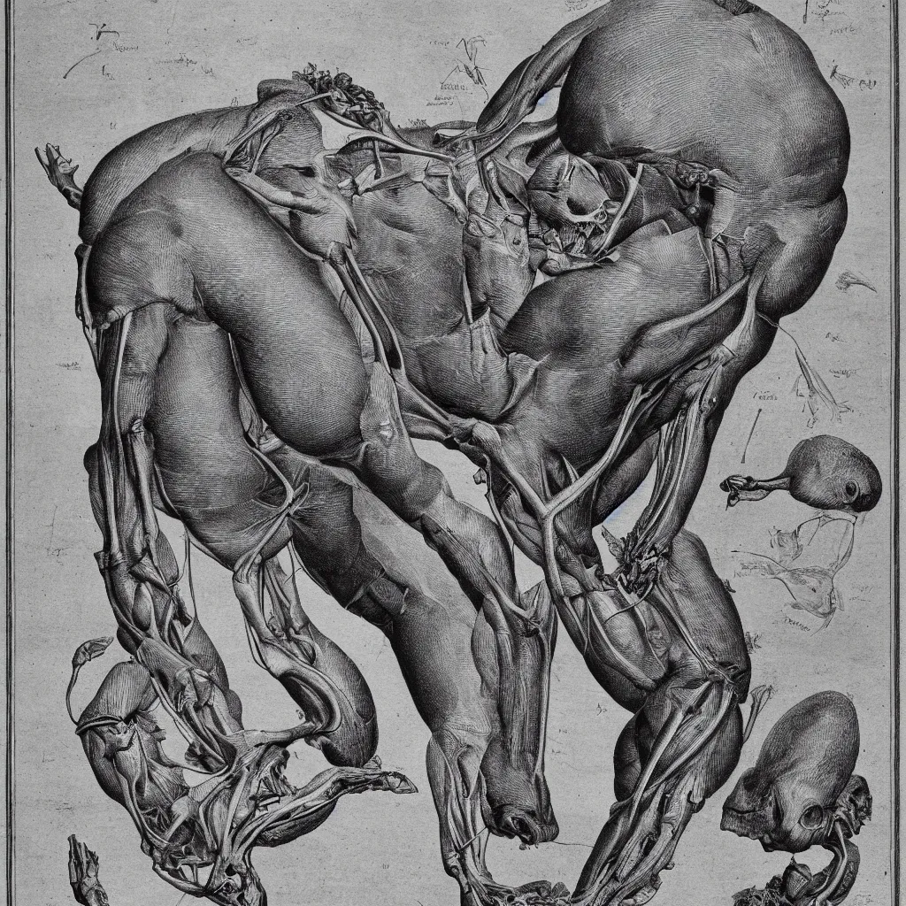 Image similar to anatomical engraving of an unknown specie, anatomical study of animal hybrids from another universe