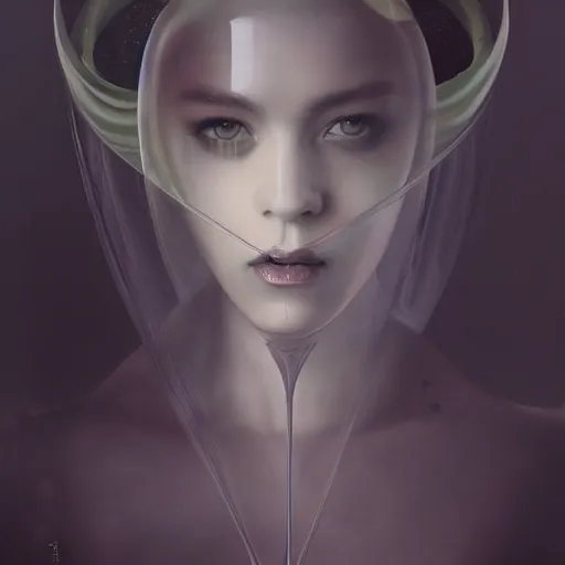 Prompt: By Tom Bagshaw, ultra realist soft painting render of a floating transparent glass sphere, beautiful horned single porcelain female in long curvy gothic dress, reflection and refraction, symmetry accurate features, very intricate details, deep fog, dark fantasy background, artstation