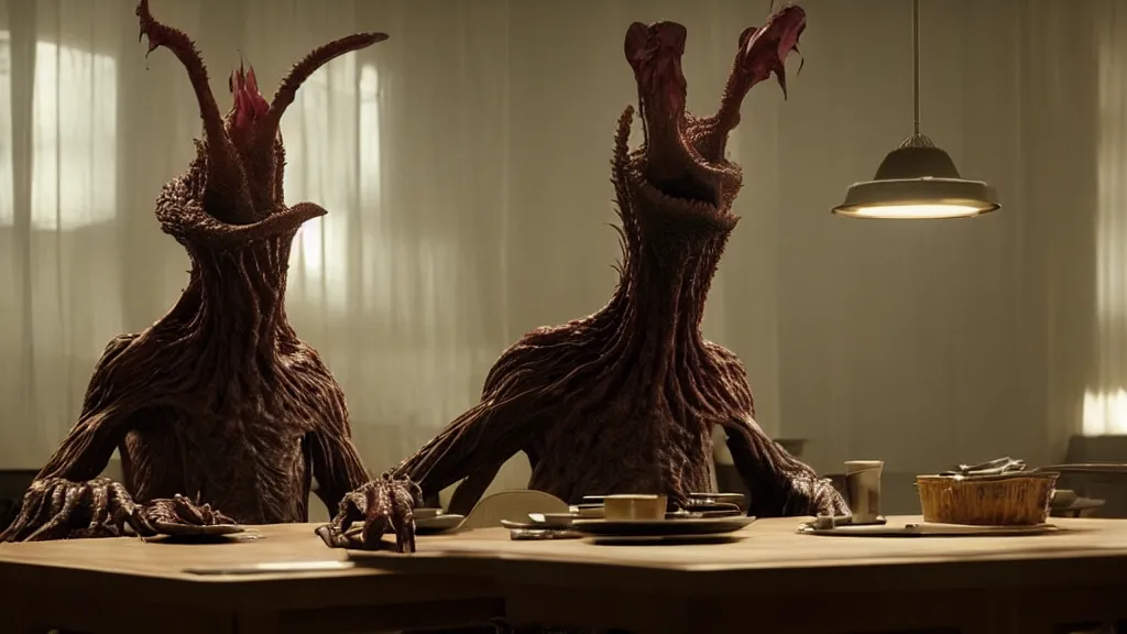 Prompt: a strange creature sits at a table, film still from the movie directed by Denis Villeneuve with art direction by Wayne Barlowe wide lens