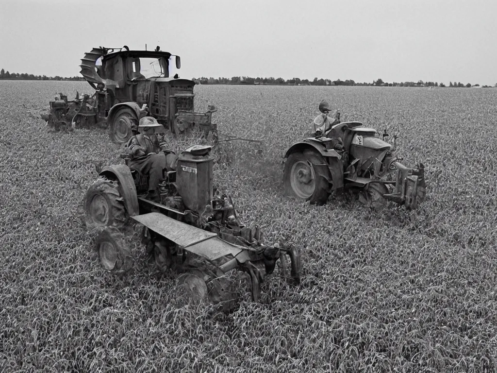 Image similar to grumpy finnish grandpa plowing oat field with old smoke spewing valmet - tractor, 1 9 6 6, home album pocket camera photo, detailed facial features, hyper realistic