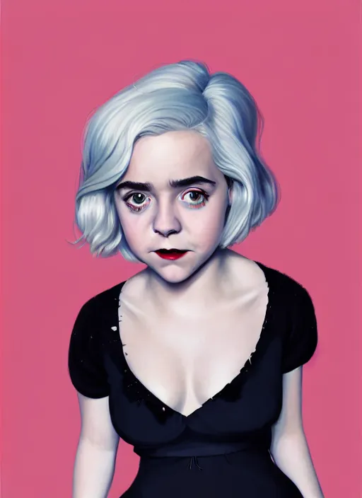 Image similar to full body portrait, kiernan shipka as sabrina spellman, white hair, obese, bangs, sultry, realistic, sultry smirk, fluffy bangs, freckles, fat, belly, intricate, elegant, highly detailed, digital painting, artstation, concept art, smooth, sharp focus, illustration, art by wlop, mars ravelo and greg rutkowski