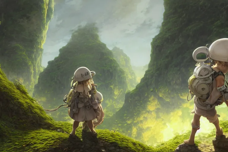 Prompt: made in abyss concept art riko backpack pith helmet yellow hair extra detailed green eyes full body face landscape digital painting illustration wlop James Jean Marc Simonetti Ruan Jia and Mandy Jurgens and Artgerm and William-Adolphe Bouguerea greg rutkowski Gustave Dore trending on artstation pixiv hyperdetailed Unreal Engine 4k 8k ultra HD