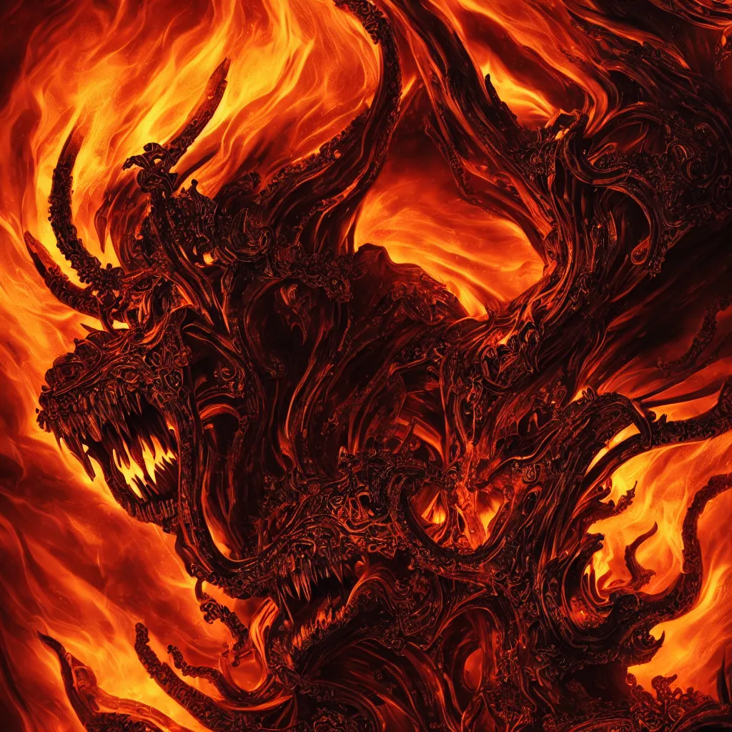Prompt: close-up macro portrait of the face of a with demonic entity engulfed in hell's fury, epic angle and pose, ornate, symmetrical artwork, 3d with depth of field, blurred background, shadow figures with skulls in the background, translucent, nautilus, energy flows of and fire evil energy. a highly detailed epic cinematic concept art CG render. made in Maya, Blender and Photoshop, octane render, excellent composition, cinematic dystopian brutalist atmosphere, dynamic dramatic cinematic lighting, aesthetic, very inspirational, arthouse. y Greg Rutkowski, Ilya Kuvshinov, WLOP, Stanley Artgerm Lau, Ruan Jia and Fenghua Zhong