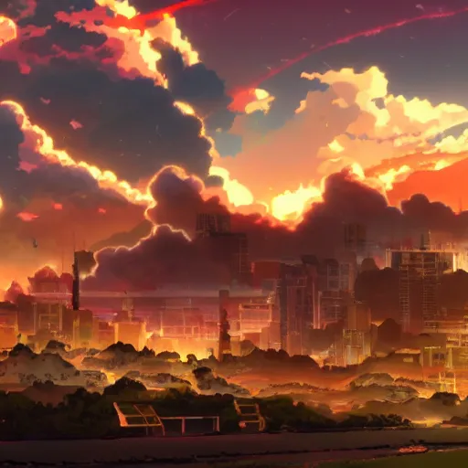 anime screencap with destroyed city and bright red sky | Stable ...