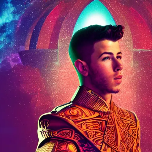 Prompt: futuristic photo of handsome Nick Jonas as a prince made of magenta-tinted glass wearing a hypersonic cape in an onyx aztec temple, reclining, glowing blue face, futuristic, oozing glowing liquid, blue diamonds, very detailed render, cosmic lighting