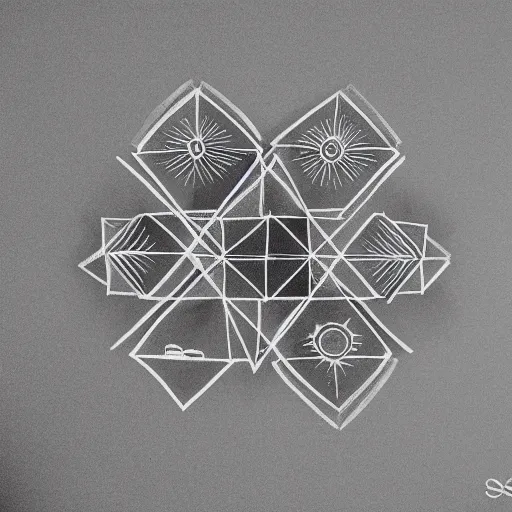 Image similar to nevertheless composition, symetrical, cinematic lighting 7 0 ´ s lens distortion exposure short exposure drawing ; black paper, tarot, dark big mini tiny micro nano origami sonobe kirigami moneygami