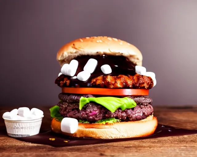 Prompt: dslr food photograph of burger with some marshmallows in it, some chocolate sauce, 8 5 mm f 1. 4