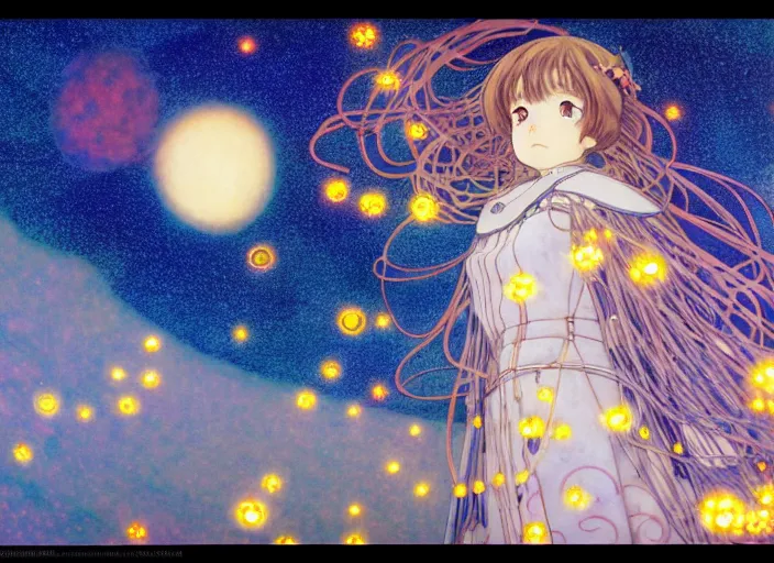 Prompt: star walk, digital, concept art, Kyoto animation,last exile, blue submarine no. 6, gustav klimt,loish, murata range, kawaii, yoshitaka amano, studio lighting, manga, bright colors, beautiful, 28mm lens, vibrant high contrast, gradation, jean giraud, fantasy, rule of thirds, unreal engine, fibonacci, intricate, cel shaded, blender npr, flat, matte print