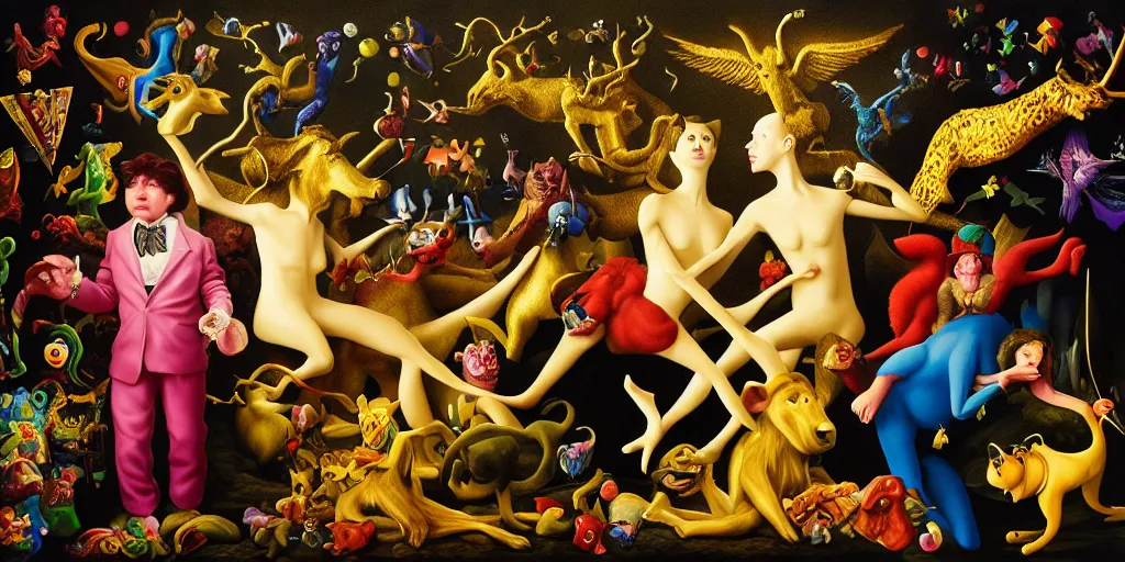 Image similar to the three imaginary fates pleasure dream adventure imaginary mythical animals love abstract oil painting by gottfried helnwein pablo amaringo raqib shaw zeiss lens sharp focus high contrast chiaroscuro gold complex intricate bejeweled