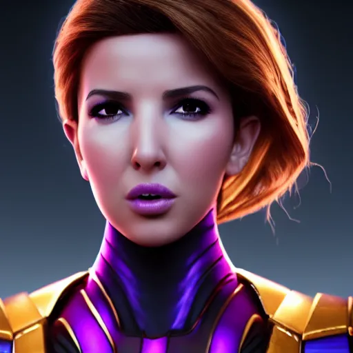 Image similar to a portrait of nancy ajram as thanos, the pixar adaptation, with same hairstyle, angry facial expressions, hyper detailed, digital art, trending in artstation, cinematic lighting, studio quality, smooth render, unreal engine 5 rendered, octane rendered