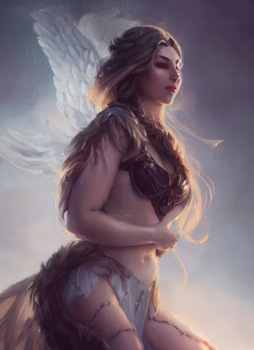 Image similar to beautiful 4 k female portrait, wolf, aasimar angel with wings, tarot card art, character concept art, oilpainting, cinematic lighting, trending in artstation, cgsociety, by wlop, artgerm