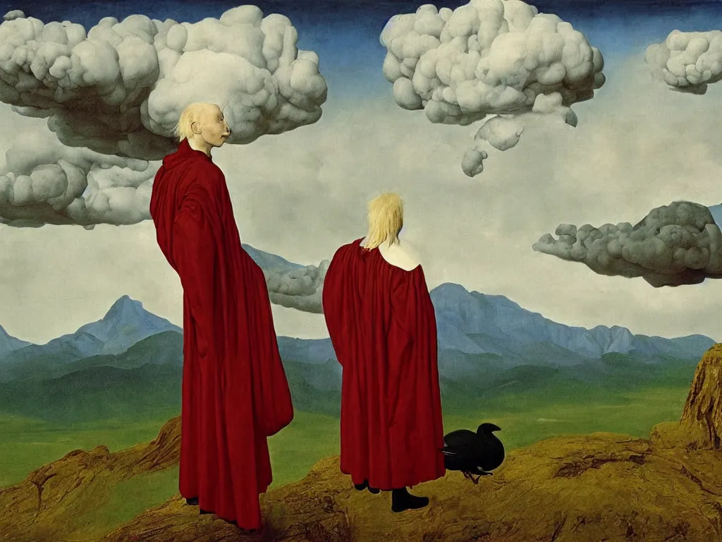 Prompt: albino mystic, with his back turned, looking at a storm over over the mountains in the distance, with the evolution of life, exotic bird, reptile, mammal. Painting by Jan van Eyck, Audubon, Rene Magritte, Agnes Pelton, Max Ernst, Walton Ford