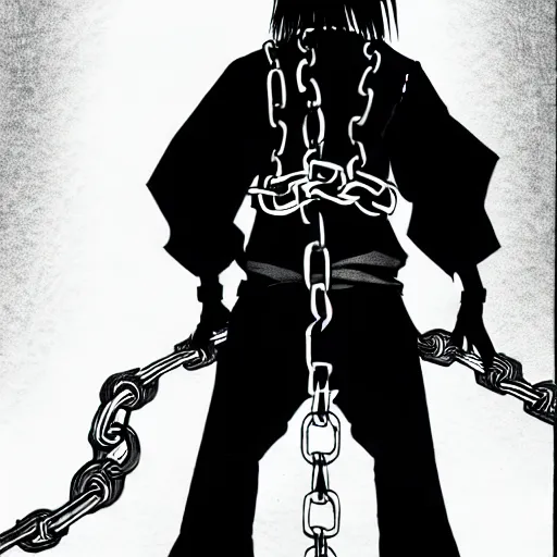 Image similar to A FULL BODY PORTRAIT FROM BEHIND OF TAKEZO FROM MANGA VAGABOND ,THE MAN KEEPS A KUSARIGAMA AND IT IS WRAPPED IN CHAINS ,detailed, concept art, ink style , sketch