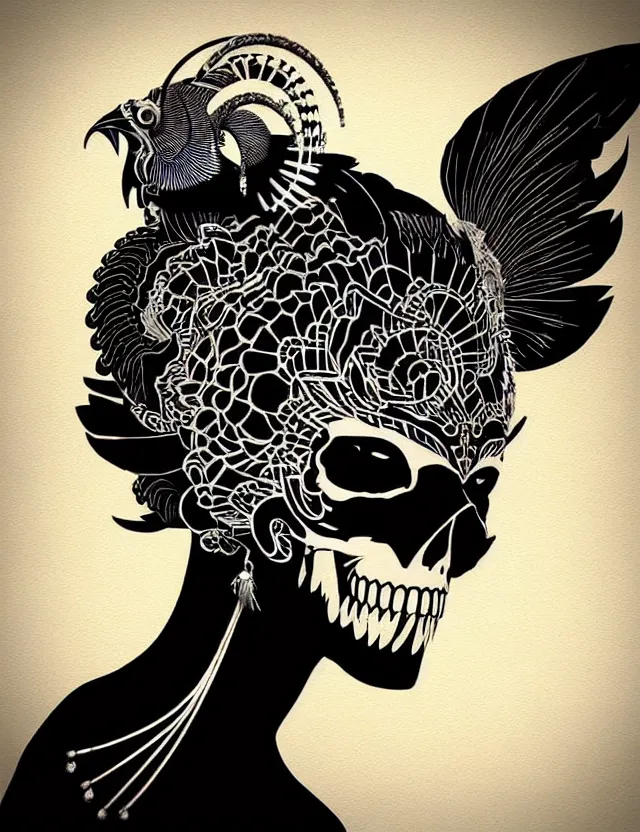 Image similar to 3 d goddess close - up profile simple portrait punk skull with mohawk with ram skull. beautiful intricately detailed japanese crow kitsune mask and clasical japanese kimono. betta fish, jellyfish phoenix, bio luminescent, plasma, ice, water, wind, creature, artwork by tooth wu and wlop and beeple and greg rutkowski