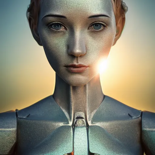 Prompt: beautiful Fine art photography portrait of a solarpunk part robot part human girl with real human face, white background, highly detailed, photorealism, sunset lighting 8k