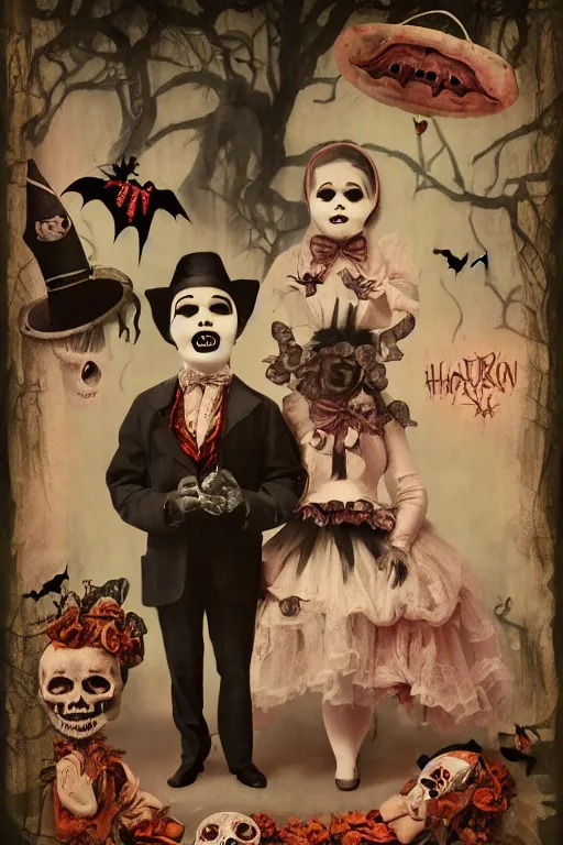 Prompt: Creepy vintage Halloween costumes,illustration , style mark ryden –white background fine art with subtle redshift rendering