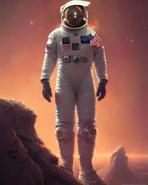 Prompt: donald trump, spacesuit, real life skin, intricate, highly detailed, artstation, concept art, smooth, sharp focus, art by artgerm and greg rutkowski