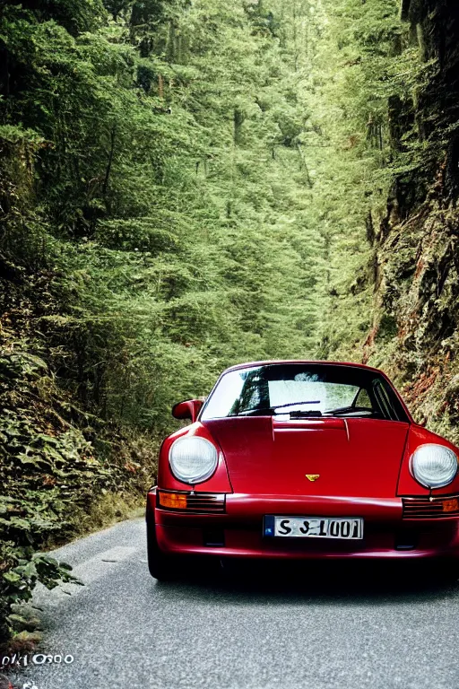 Prompt: Photo of a Porsche 911 Carrera 3.2 on a winding road through mountains and forests. Canon EOS 100, 28-80mm USM MkI, Ektachrome E100