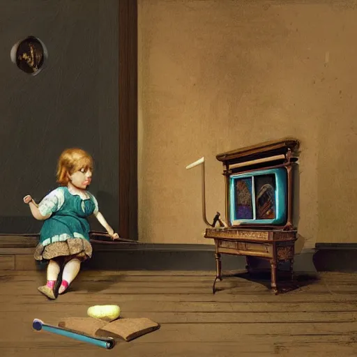 Prompt: Victorian child holding a stick poking an Apple iPod lying on the floor time warp, digital art, concept art, intricate detail, ray tracing, smooth, sharp detail, photorealistic