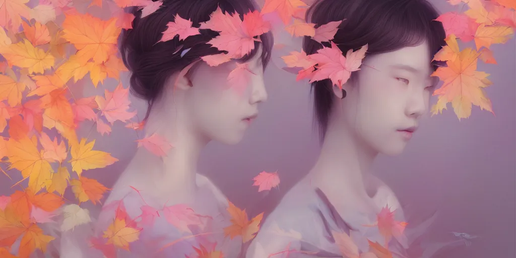 Image similar to highly detailed pastel colors of an ethereal asian beauty morphing gradually into autumn leaves, by artgerm and hsiao - ron cheng, smooth composition, fine patterns and detail