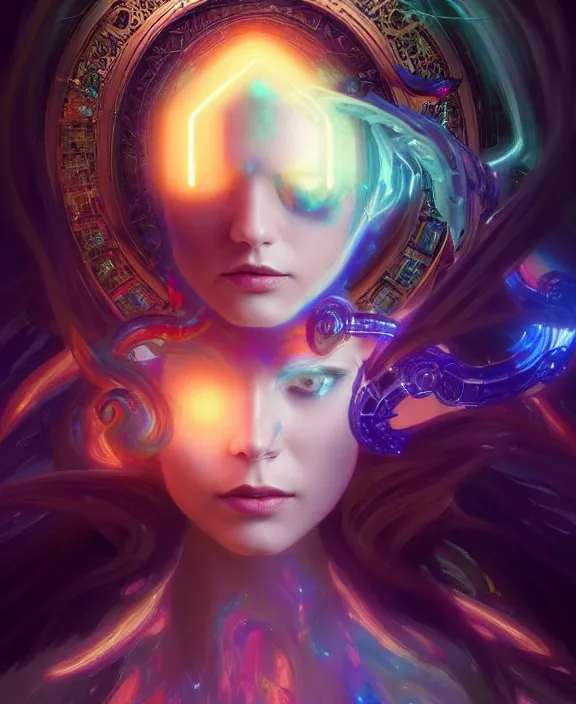 Image similar to a whirlwind of souls rushing inside the metaverse, half body, glowin eyes, tiara with sapphire, pharaoh, android, cyberpunk, d & d, fantasy, intricate, elegant, highly detailed, colorful, vivid color, digital painting, artstation, concept art, art by artgerm and greg rutkowski and alphonse mucha and ruan jia