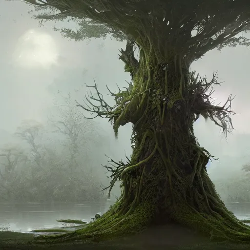 Prompt: living tree, tree has legs and eyes, in the shape of a frog, swamp, greg rutkowski, trending on art station, magic the gathering, 4 k, matte painting