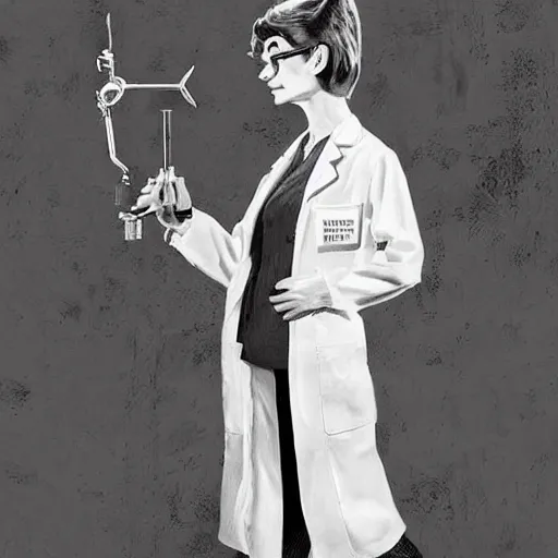 Prompt: a highly detailed epic cinematic concept art CG render digital painting artwork costume design: Audrey Hepburn as a 1950s scientist lunatic in a lab coat, with wild unkempt hair. By Mandy Jurgens, Simon Cowell, Barret Frymire, Dan Volbert, David Villegas, Irina French, Heraldo Ortega, Rachel Walpole, Jeszika Le Vye, trending on ArtStation, excellent composition, cinematic atmosphere, dynamic dramatic cinematic lighting, aesthetic, very inspirational, arthouse