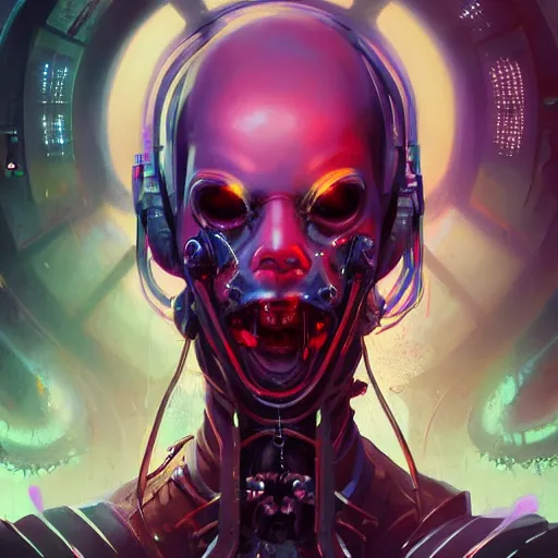 Image similar to portrait of a malevolent cybernetic necromancer, cyberpunk concept art by pete mohrbacher and artgerm and wlop and greg rutkowski and deathburger, digital art, highly detailed, intricate, sci-fi, sharp focus, Trending on Artstation HQ, deviantart, unreal engine 5, 4K UHD image