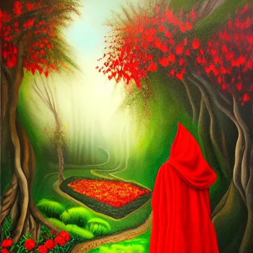 Prompt: oil painting of little red riding hood walking through a fantasy landscape filled with brugmansia suaveolens flowers