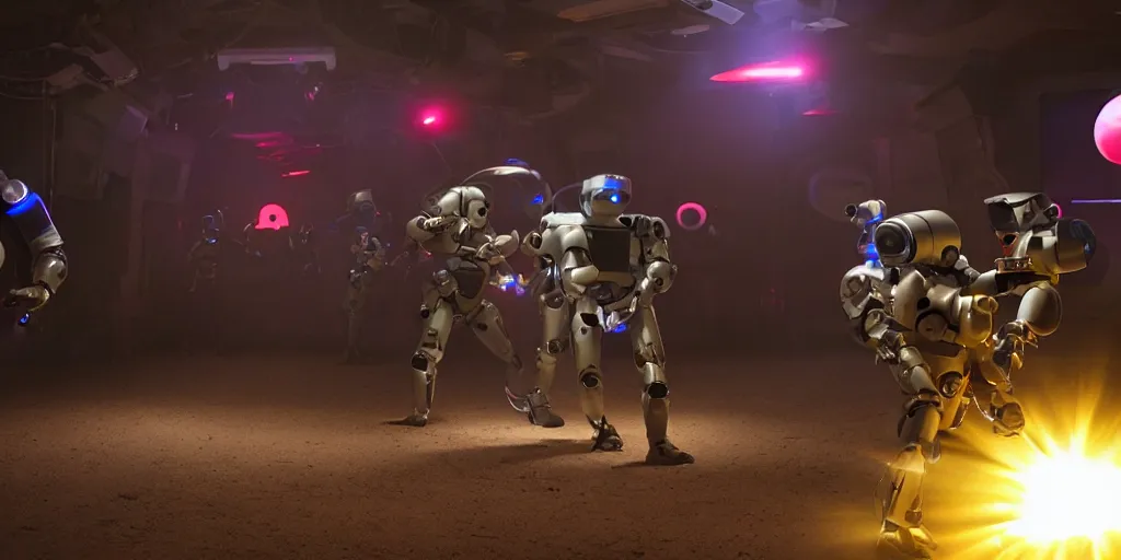 Image similar to a cinematic still of a laser tag game between robots, pixar monsters, and astronauts cinematography by Denis Villeneuve volumetric lighting