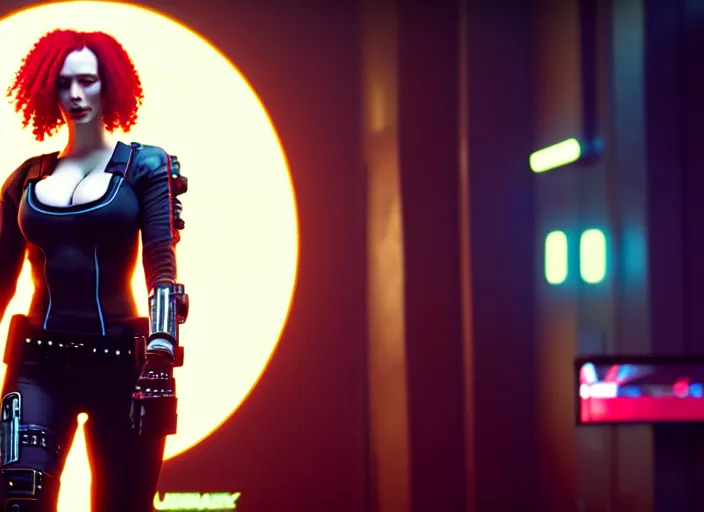 Image similar to filmstill christina hendricks cyberpunk 2 0 7 7, 1 0 0 mm lens, canon eos, red cinema camera, frontal view, dynamic pose, intricate, elegant, highly detailed, centered, redshift, octane, smooth, sharp focus, zeiss lens,