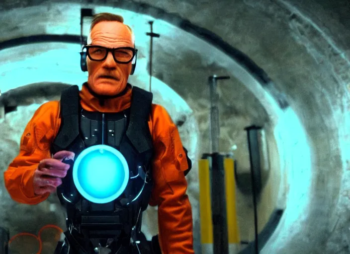 Image similar to film still of Brian Cranston as Gordan Freeman in an underground lab facility wearing a black HEV suit with an orange lambda logo in front with a glowing blue portal in the background in the Half Life Movie, 4k