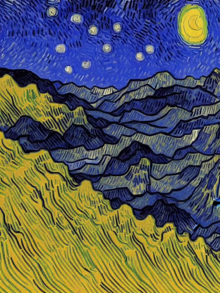 Prompt: montserrat multi - peaked mountain range at night by van gogh