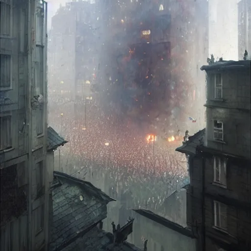 Image similar to Depressed politician looks out of the window from his tower block and sees the crowds rioting | painting by Greg Rutkowski