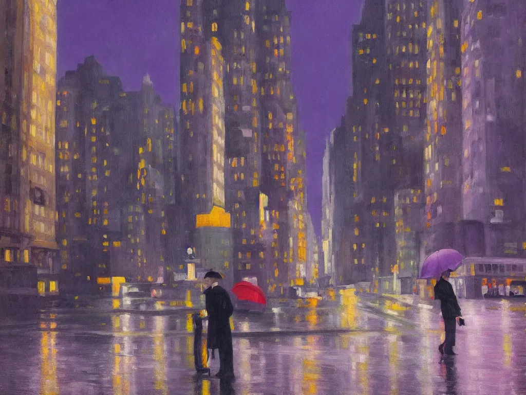 Image similar to cityscape view of new york city night, raining, purple storm skies, man with umbrella, ultra view angle view, realistic detailed painting by edward hopper