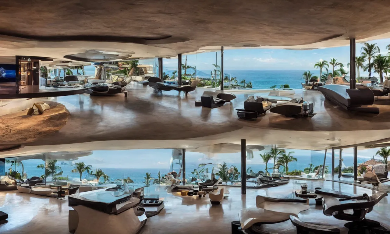 Prompt: A Luxurious Futuristic Mancave in a Billionaire's Megamansion in Puerto Vallarta