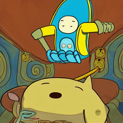 Image similar to finn the human and jake the dog on an acid trip, adventure time cartoon network, pendleton ward, animated, digital art, colourful