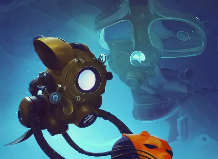 Image similar to An anthropomorphic cartoon fox as a retrofuturistic deep sea diver, helmet with led lights, underwater in the ocean at night, clear water, volumetric lighting, glowing lights, 4k, octane, digital painting, artstation, concept art, cinematic film, sharp focus, illustration, art by artgerm and greg rutkowski and alphonse mucha , wide angle view,