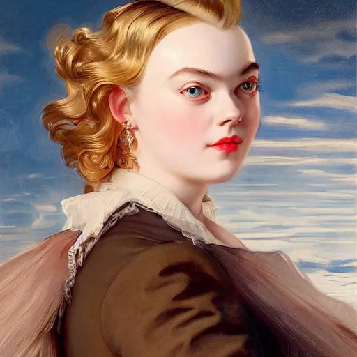 Image similar to leyendecker and peter paul rubens, head and shoulders portrait of a elle fanning, nighttime, on a boat, unreal engine, fantasy art by global illumination, radiant light, detailed and intricate environment