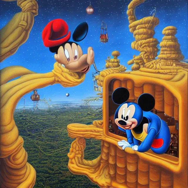 Image similar to an oil on canvas portrait painting of mickey mouse and trump, surrealism, surrealist, cosmic horror, rob gonsalves, high detail